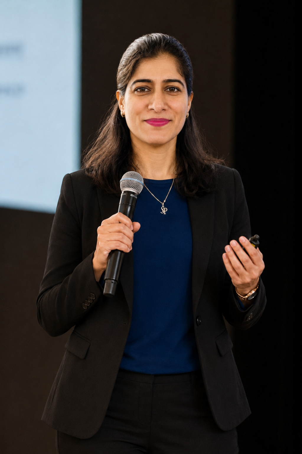 Preeti Gureja speaking on stage, LinkedIn Visibility Strategist